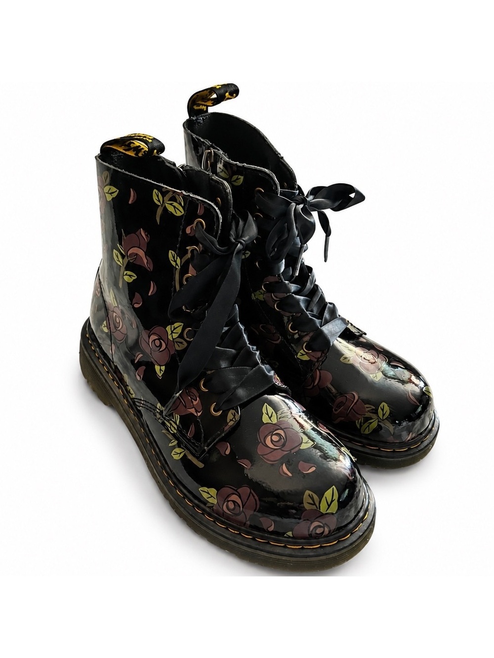 Dr. Martens Pascal Rose Print Patent Boots Women’s Size 7 EU 38